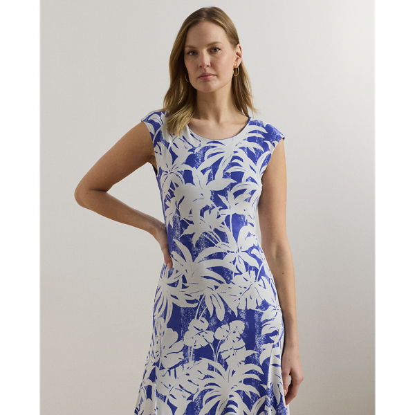 Palm-Frond-Print Stretch Jersey Dress