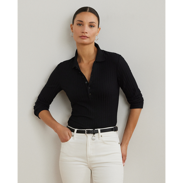 Rib-Knit Three-Quarter-Sleeve Polo Shirt