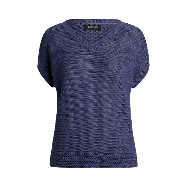 Linen-Blend Short-Sleeve V-Neck Jumper