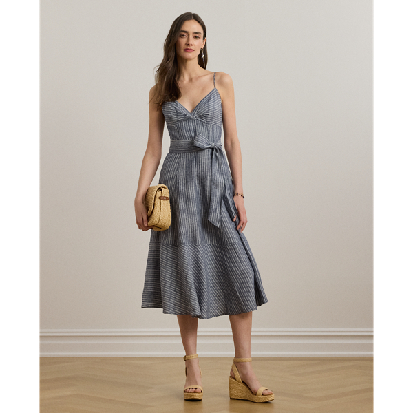 Ralph Lauren★Striped Belted Linen Sleeveless Dress Striped Belted Linen Sleeveless Dress