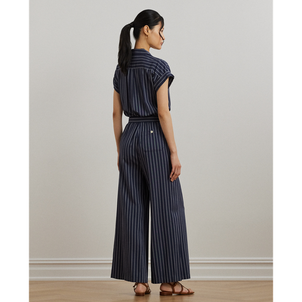 Striped Belted Twill Wide-Leg Jumpsuit