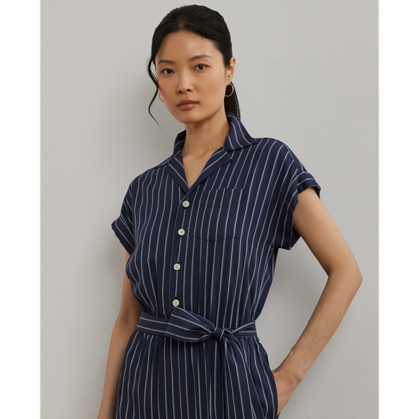 Striped Belted Twill Wide-Leg Jumpsuit