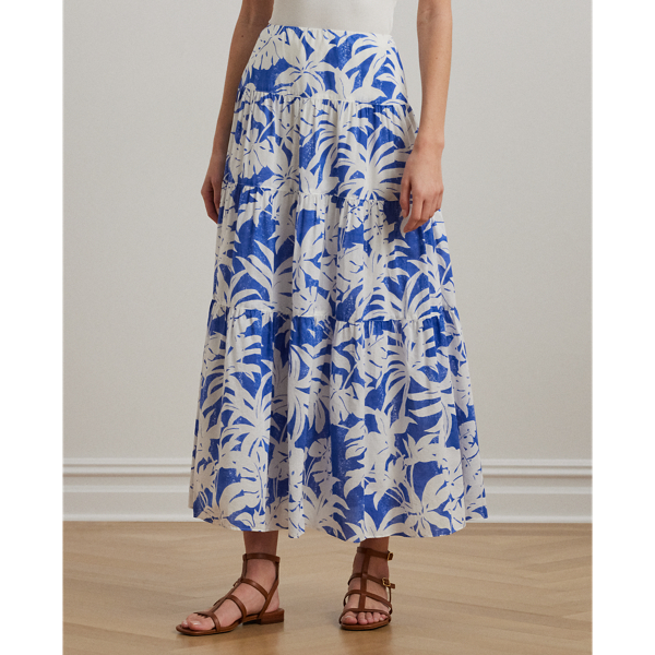 Palm-Frond-Print Voile Tiered Skirt