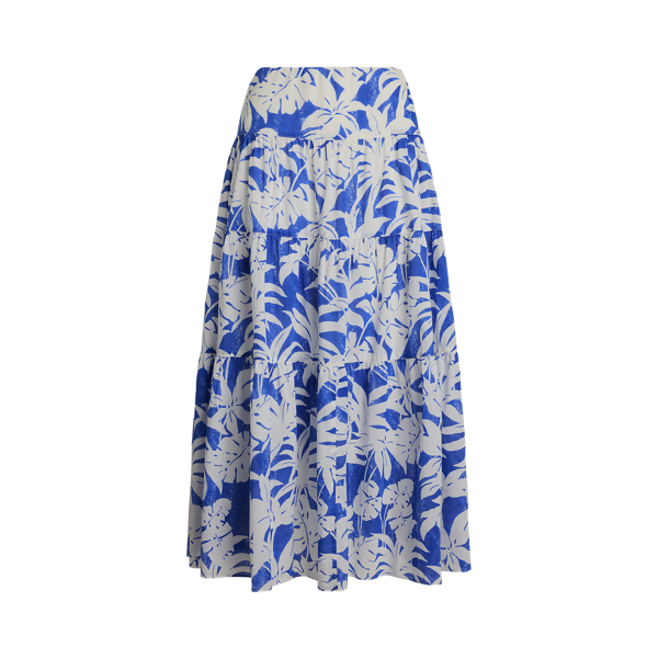 Palm-Frond-Print Voile Tiered Skirt