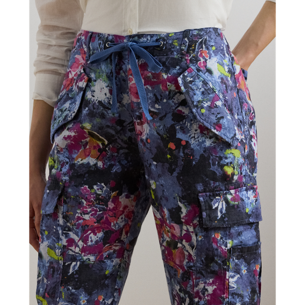 Print Linen Cargo Ankle Pant