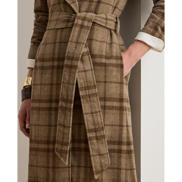 Plaid Wool-Blend Twill Wrap Coat