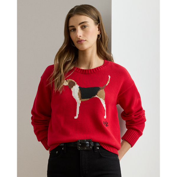 Intarsia-Knit Foxhound Cotton Sweater