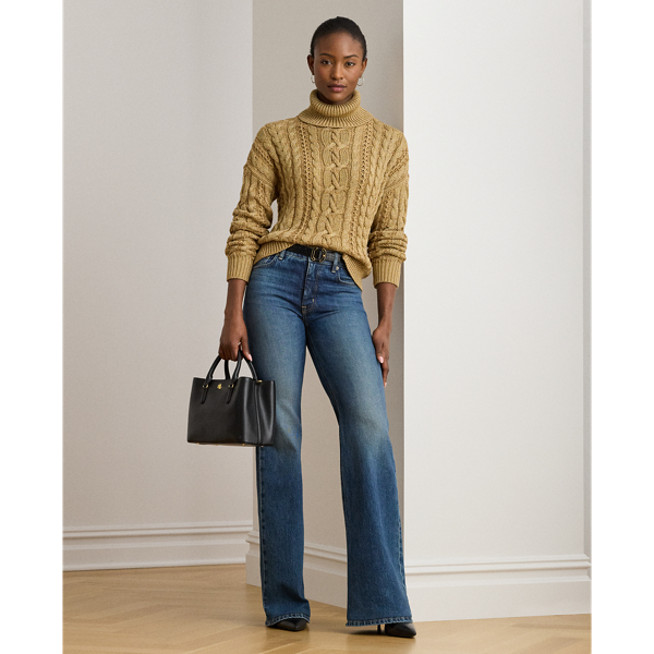 Metallic Cable-Knit Turtleneck Sweater