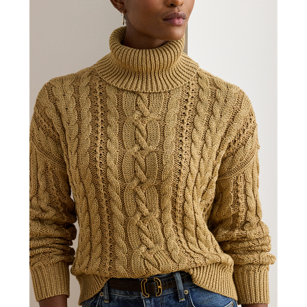 Metallic Cable-Knit Turtleneck Sweater
