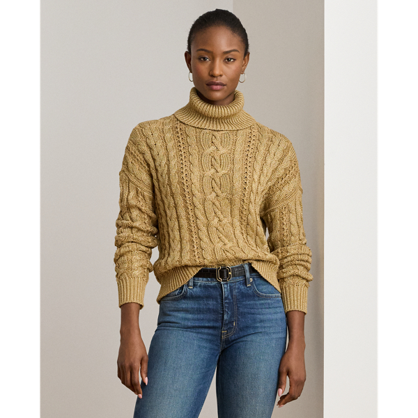 Metallic Cable-Knit Turtleneck Sweater