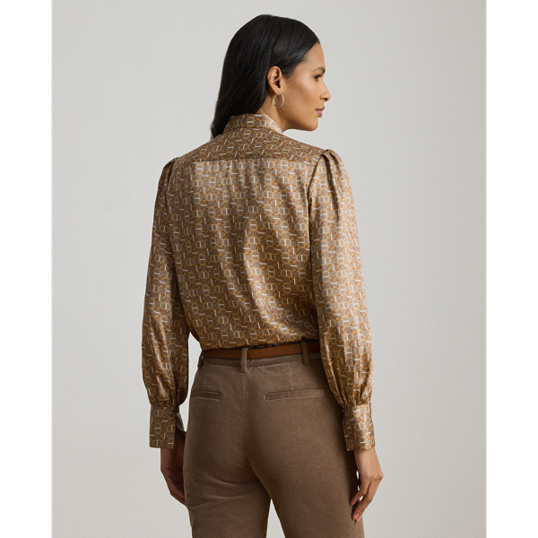 Geo-Print Twill Tie-Neck Blouse