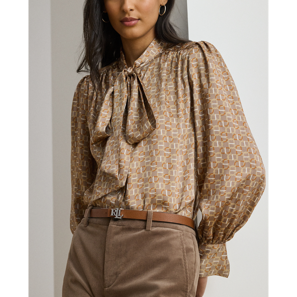 Geo-Print Twill Tie-Neck Blouse