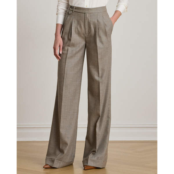 Pleated Wool Herringbone Wide-Leg Pant