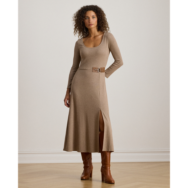 Buckle-Trim Rib-Knit Midi Dress