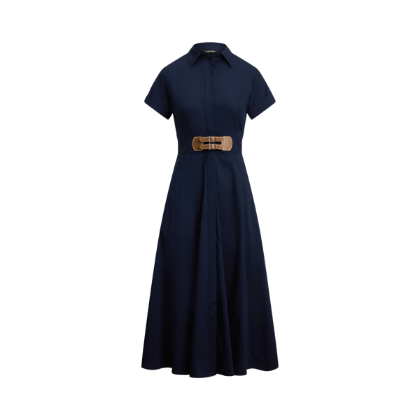 Buckle-Trim Stretch-Cotton Blend Dress Lauren Petite 1