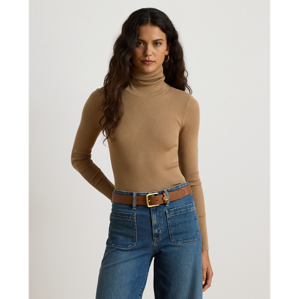Lauren Camel Cotton-Blend Ribbed Turtleneck Lauren Petite 1