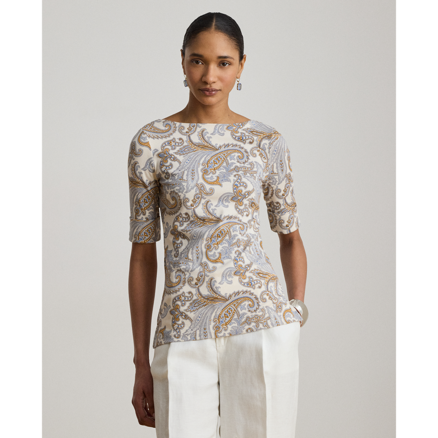 Женская футболка Ralph Lauren Paisley Stretch Cotton Boatneck, цвет: Кремовый разноцветный — фото 4
