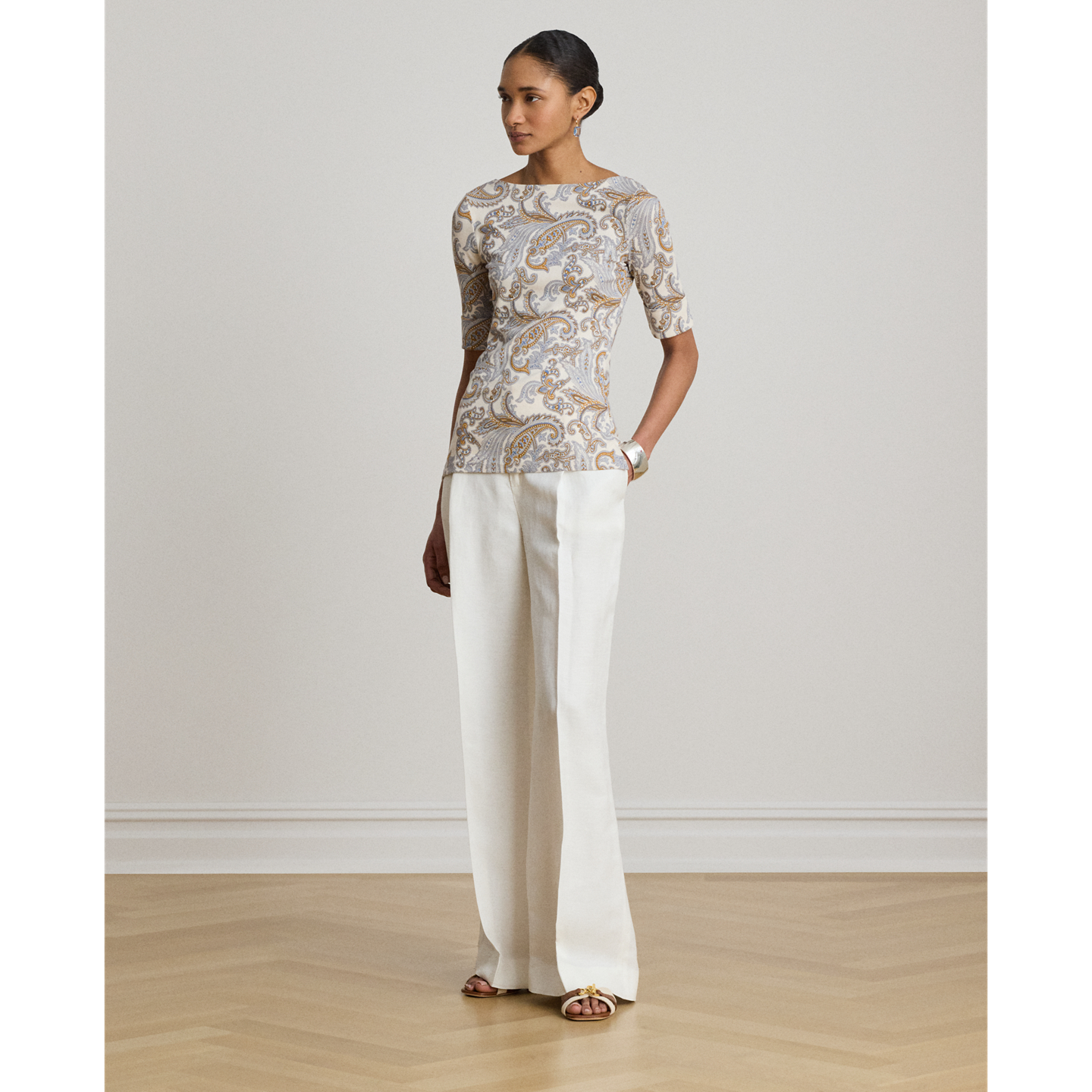 Женская футболка Ralph Lauren Paisley Stretch Cotton Boatneck, цвет: Кремовый разноцветный — фото 1
