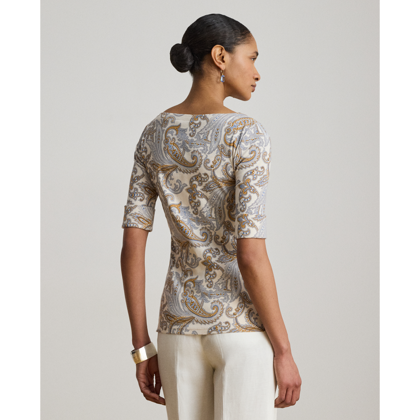 Женская футболка Ralph Lauren Paisley Stretch Cotton Boatneck, цвет: Кремовый разноцветный — фото 2
