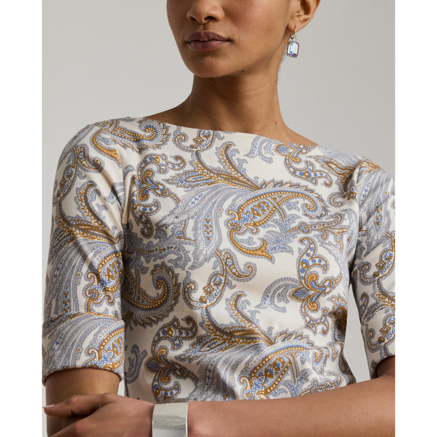 Женская футболка Ralph Lauren Paisley Stretch Cotton Boatneck, цвет: Кремовый разноцветный — фото 3