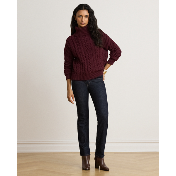 Dark Garnet Cable-Knit Cotton Turtleneck Sweater Lauren Petite 4