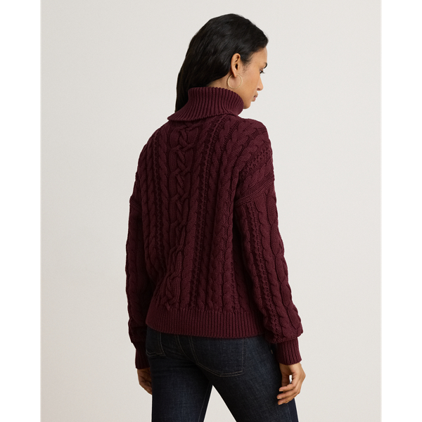Dark Garnet Cable-Knit Cotton Turtleneck Sweater Lauren Petite 5