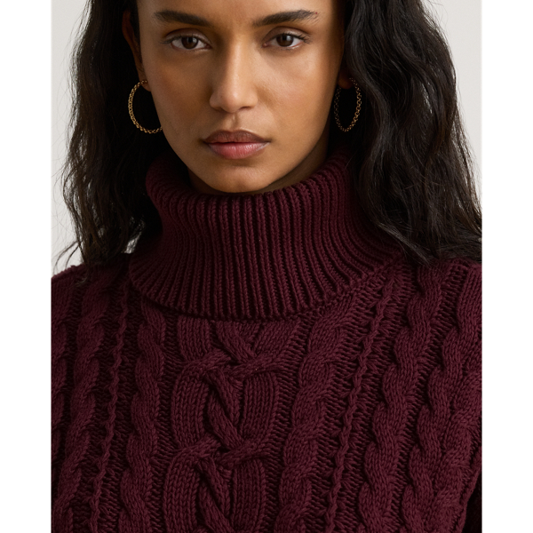 Dark Garnet Cable-Knit Cotton Turtleneck Sweater Lauren Petite 6