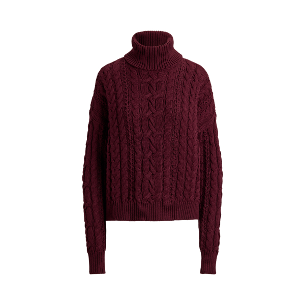 Dark Garnet Cable-Knit Cotton Turtleneck Sweater Lauren Petite 2