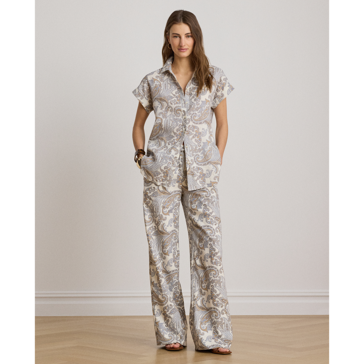 Женские брюки Ralph Lauren Paisley Linen Wide-Leg, цвет: Кремовый разноцветный — фото 4