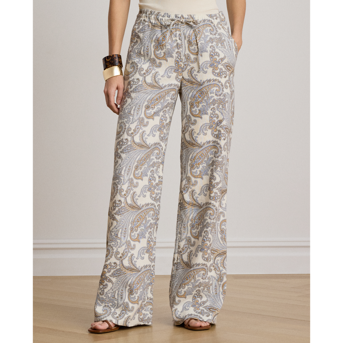 Женские брюки Ralph Lauren Paisley Linen Wide-Leg, цвет: Кремовый разноцветный — фото 1