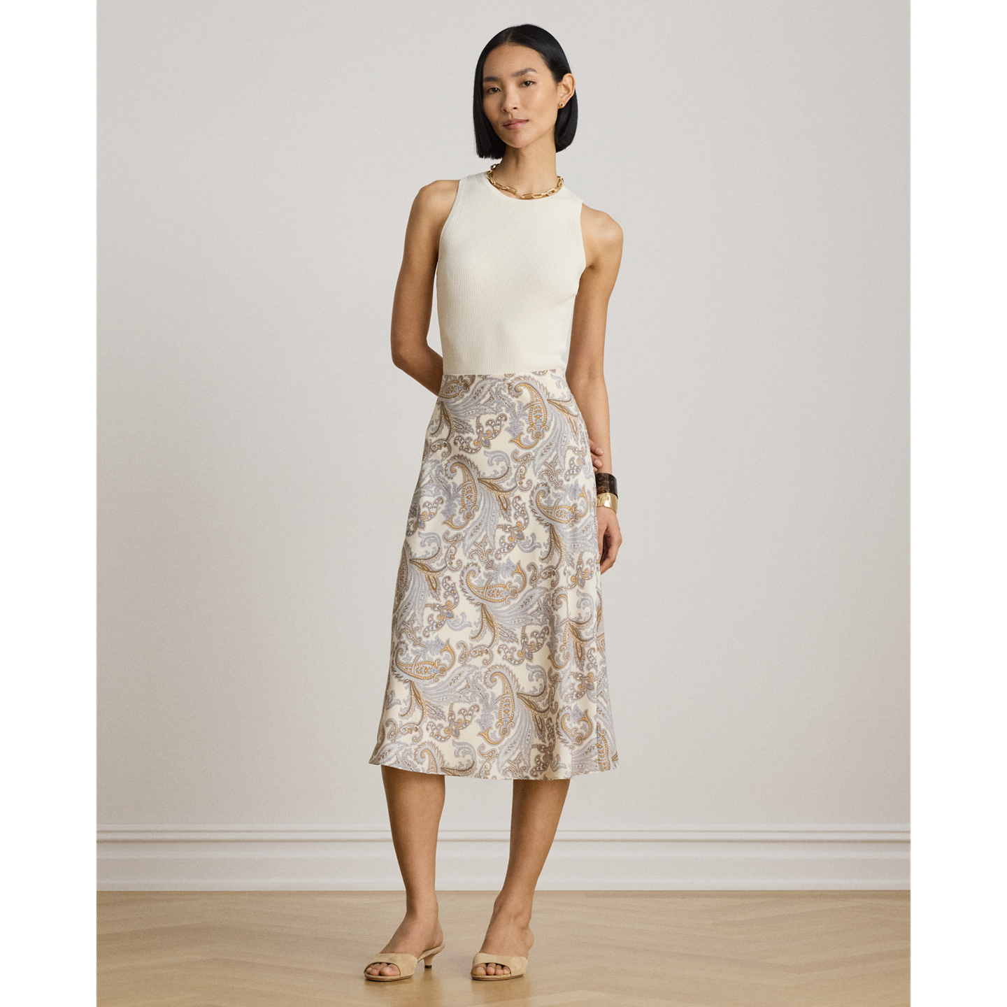 Женская юбка Ralph Lauren Paisley Crepe Midi, цвет: Кремовый разноцветный — фото 4