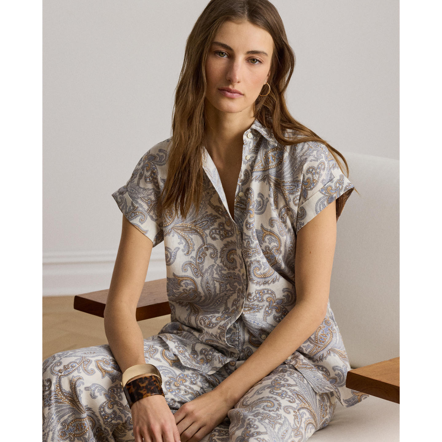 Женская рубашка Ralph Lauren Relaxed Fit Paisley Short-Sleeve, цвет: Кремовый разноцветный — фото 5