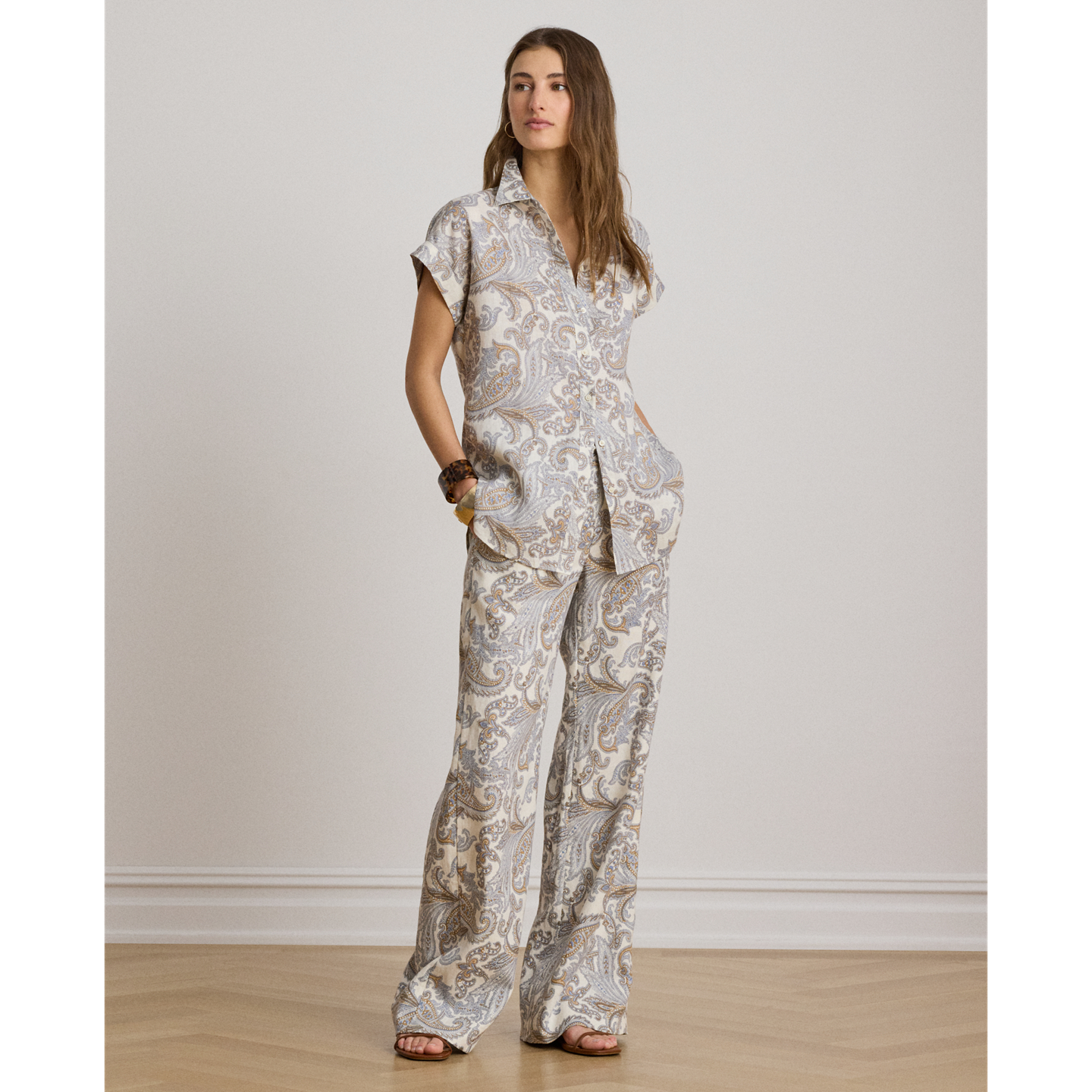 Женская рубашка Ralph Lauren Relaxed Fit Paisley Short-Sleeve, цвет: Кремовый разноцветный — фото 1