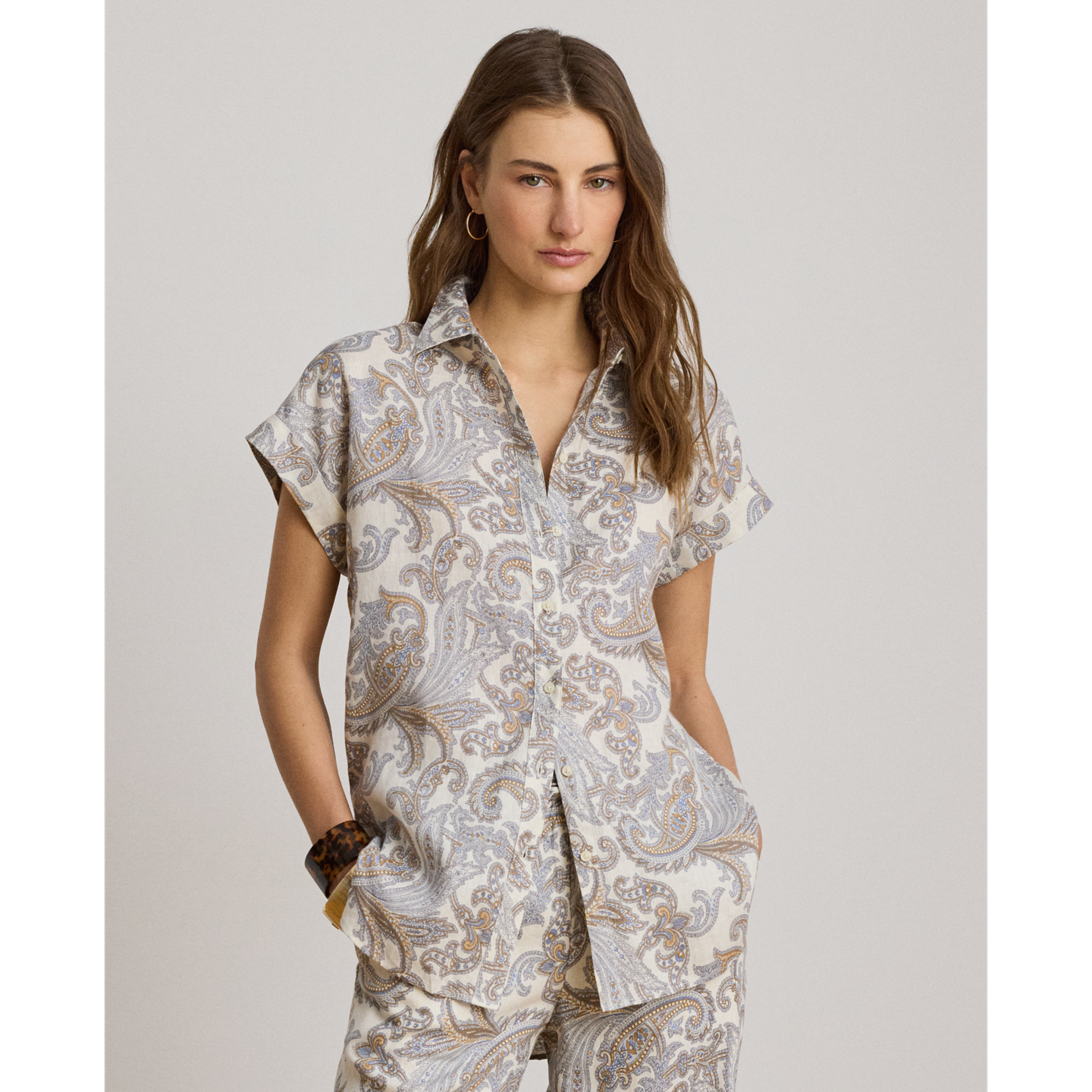 Женская рубашка Ralph Lauren Relaxed Fit Paisley Short-Sleeve, цвет: Кремовый разноцветный — фото 4