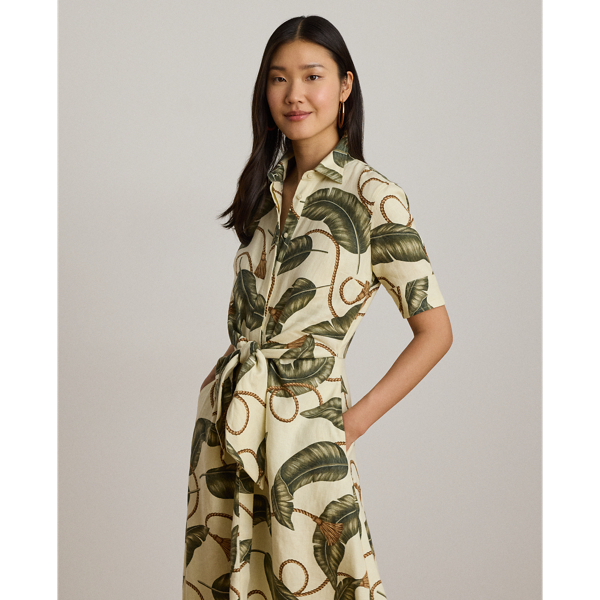 Cream Multi Rope-Print Tie-Front Linen Shirtdress Lauren Petite 4