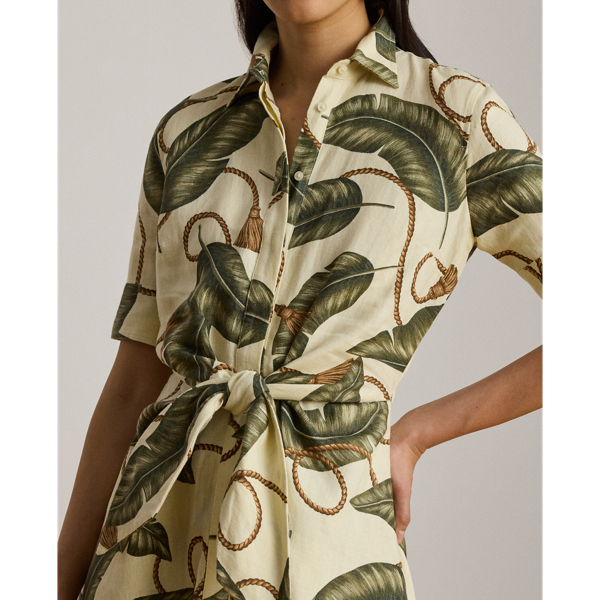 Cream Multi Rope-Print Tie-Front Linen Shirtdress Lauren Petite 6
