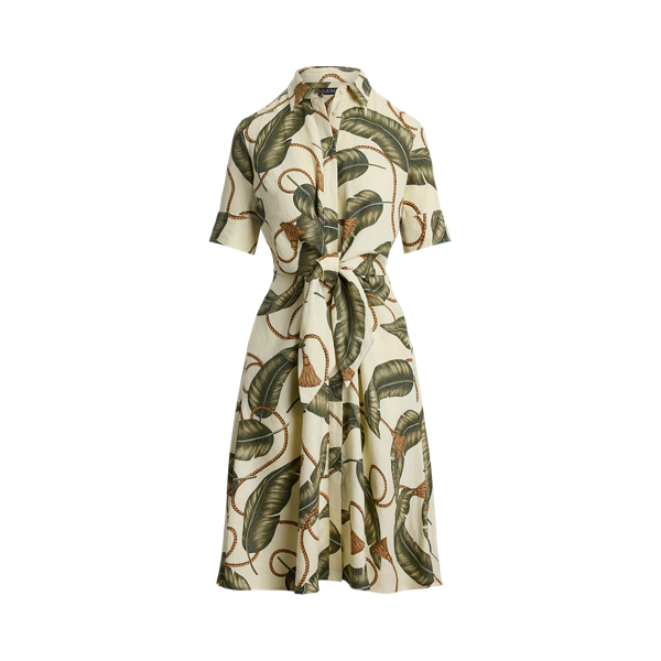 Cream Multi Rope-Print Tie-Front Linen Shirtdress Lauren Petite 2