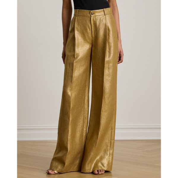 Brown/Gold Foil Foiled Linen Wide-Leg Pant Lauren Petite 4