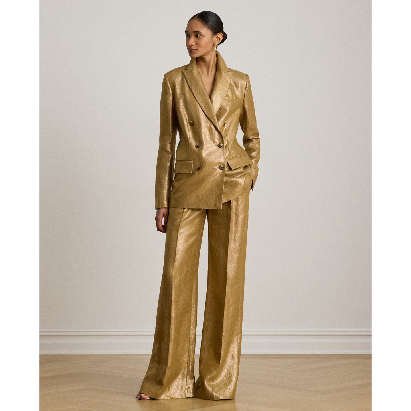 Женские брюки Ralph Lauren Foiled Linen Wide-Leg, цвет: Коричневый / Золотой — фото 4