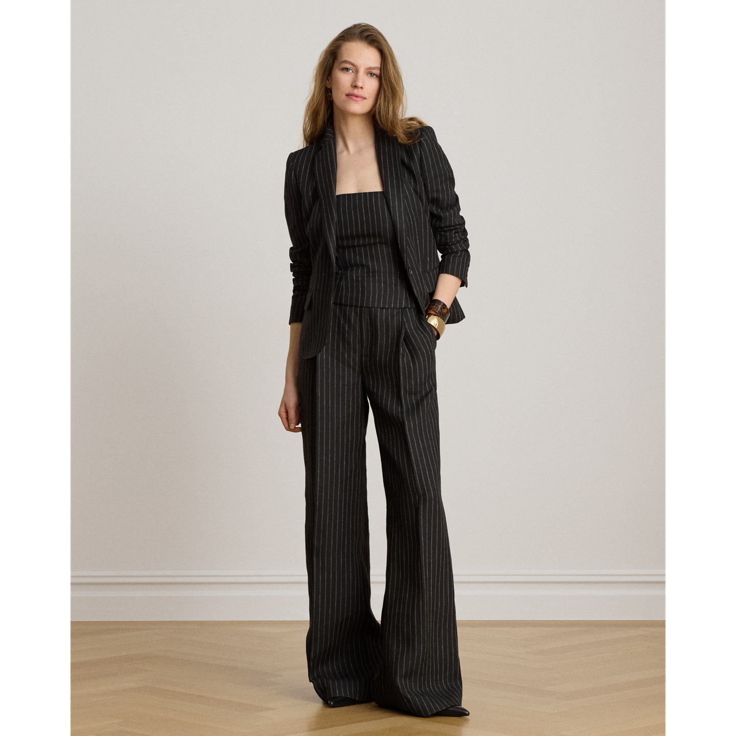 Женский пиджак Ralph Lauren Chalk-Stripe Linen Canvas, цвет: Чёрный / Рыжевато-коричневый — фото 1