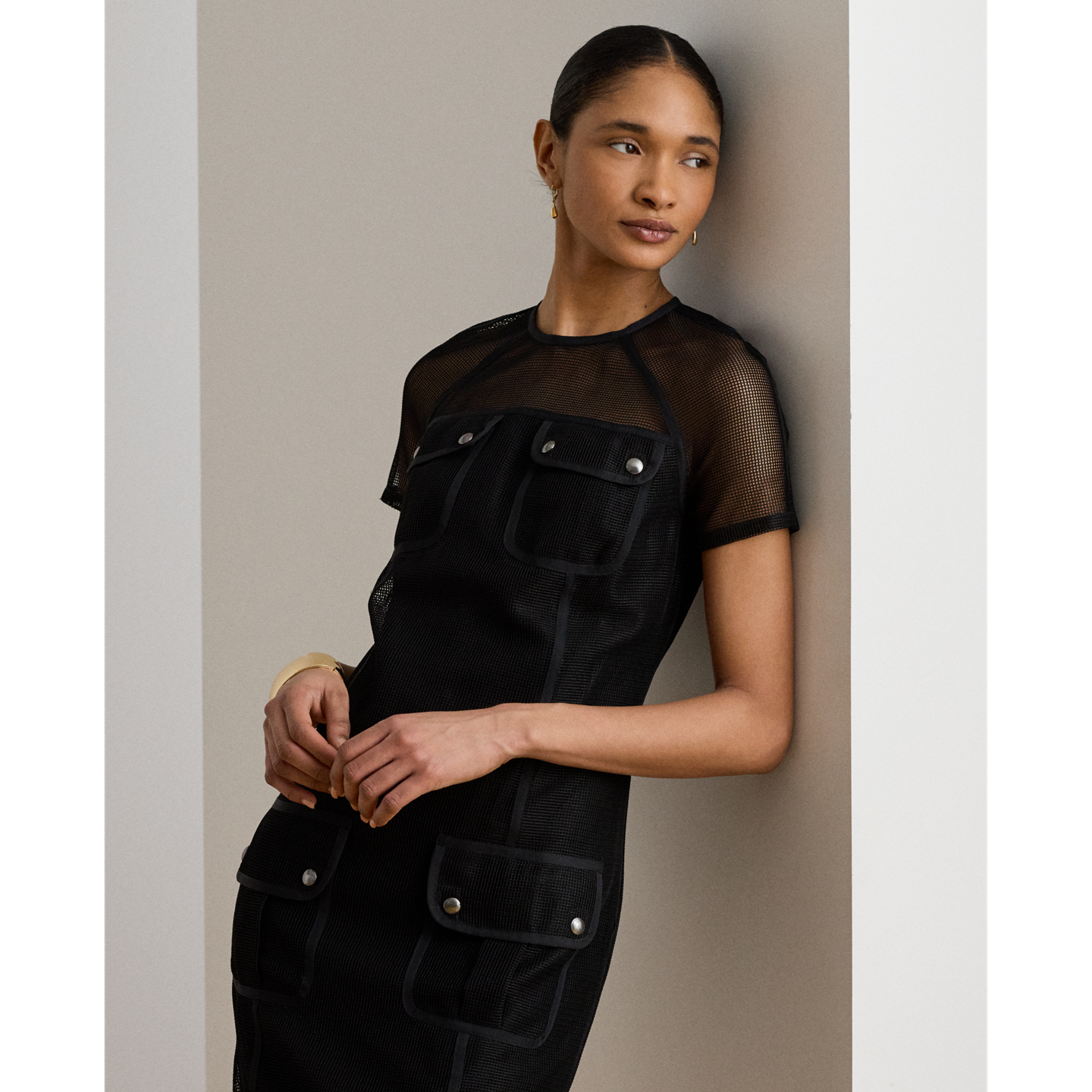 Женское платье Ralph Lauren Mesh Short-Sleeve Shift, цвет: Чёрный — фото 1