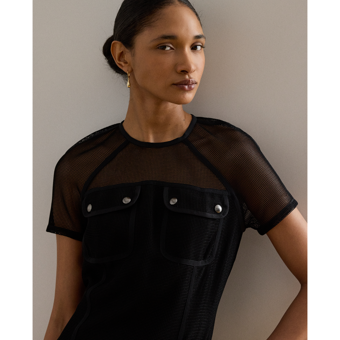 Женское платье Ralph Lauren Mesh Short-Sleeve Shift, цвет: Чёрный — фото 3