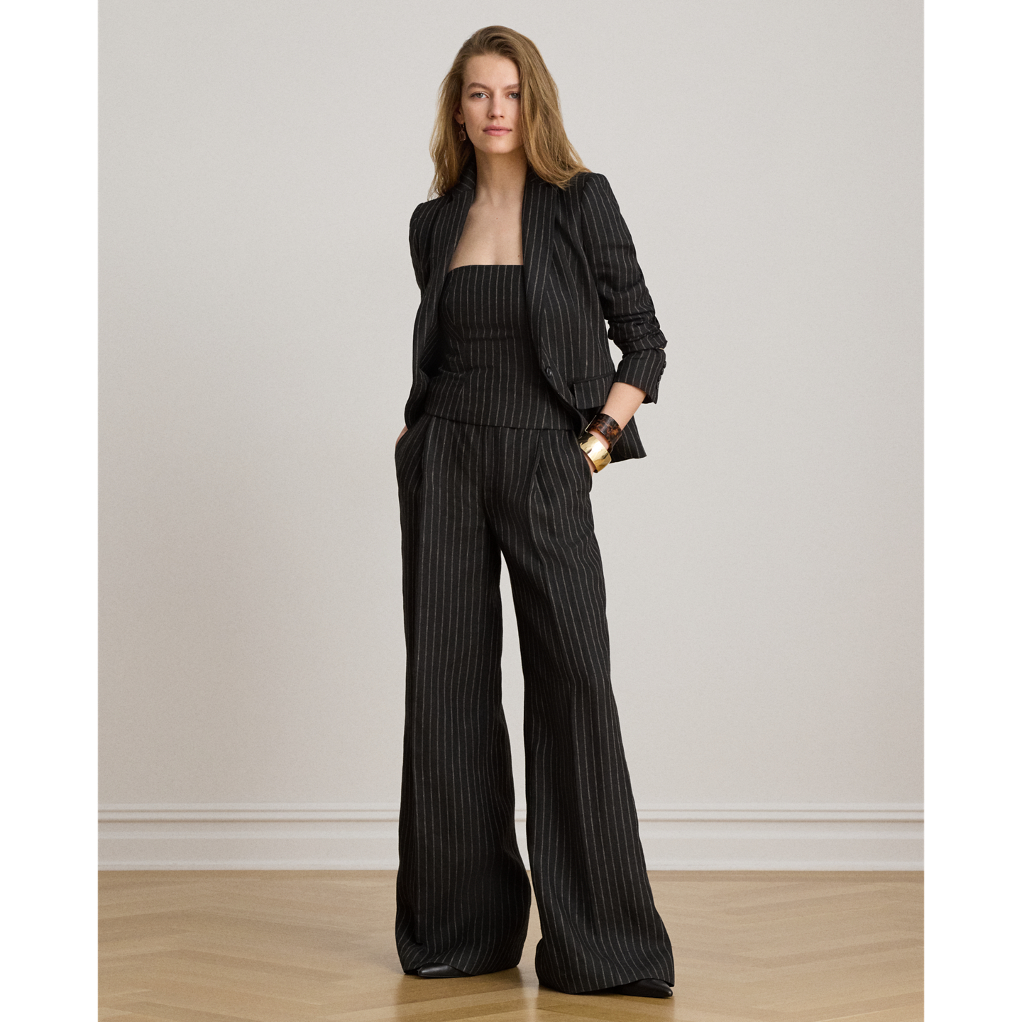 Женские брюки Ralph Lauren Chalk-Stripe Linen Canvas Wide-Leg, цвет: Чёрный / Рыжевато-коричневый — фото 4