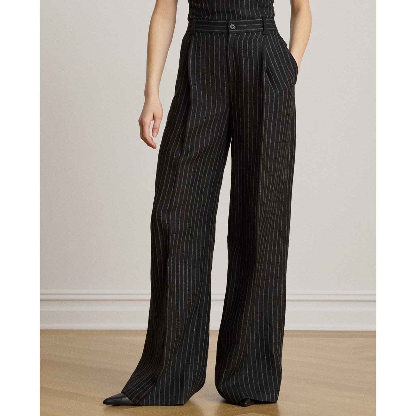 Женские брюки Ralph Lauren Chalk-Stripe Linen Canvas Wide-Leg, цвет: Чёрный / Рыжевато-коричневый — фото 1