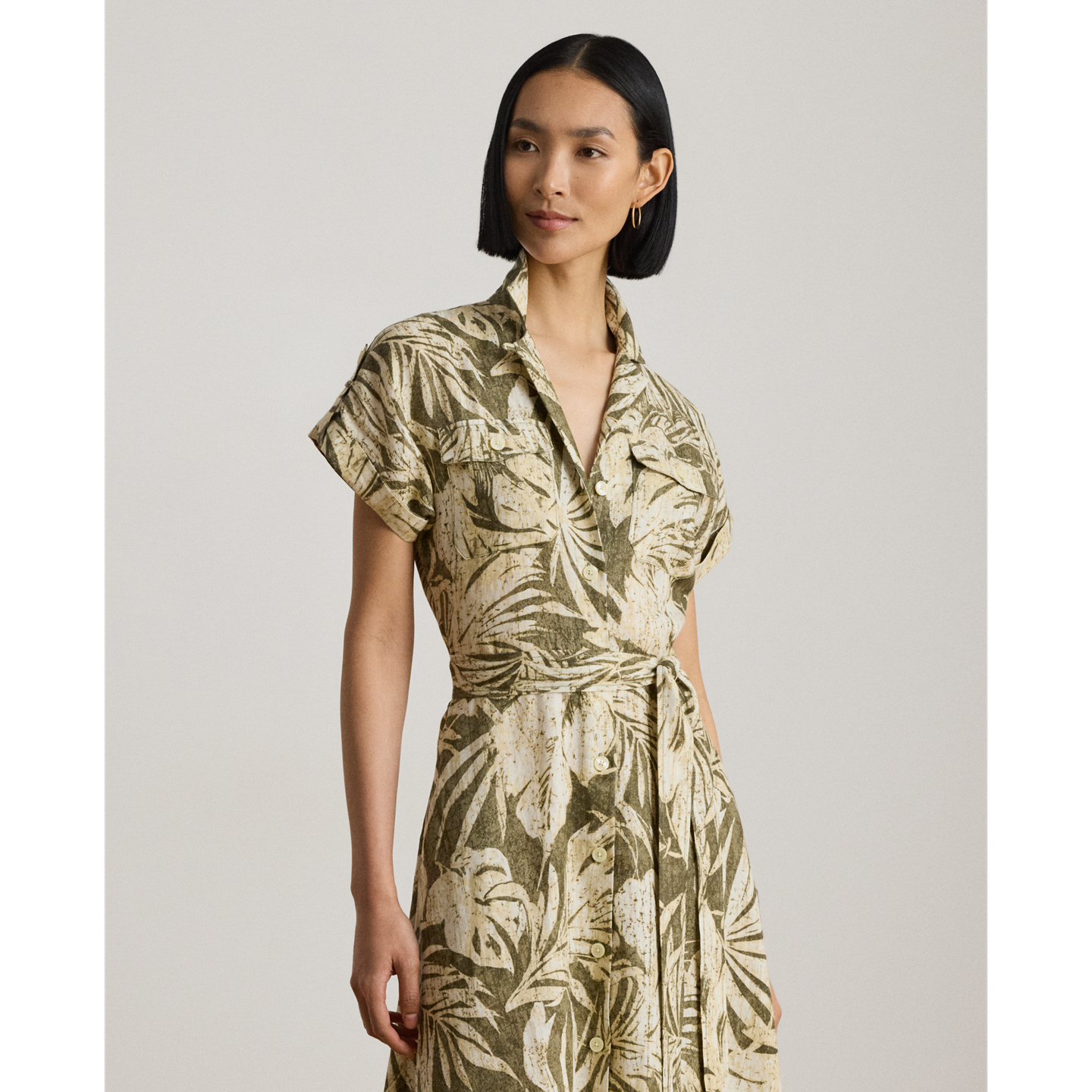 Женское платье Ralph Lauren Palm-Frond-Print Linen Camp Shirtdress, цвет: Оливковый разноцветный — фото 1
