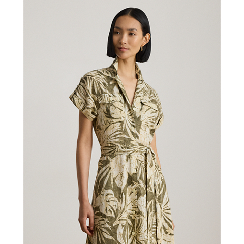 Женское платье Ralph Lauren Palm-Frond-Print Linen Camp Shirtdress, цвет: Оливковый разноцветный