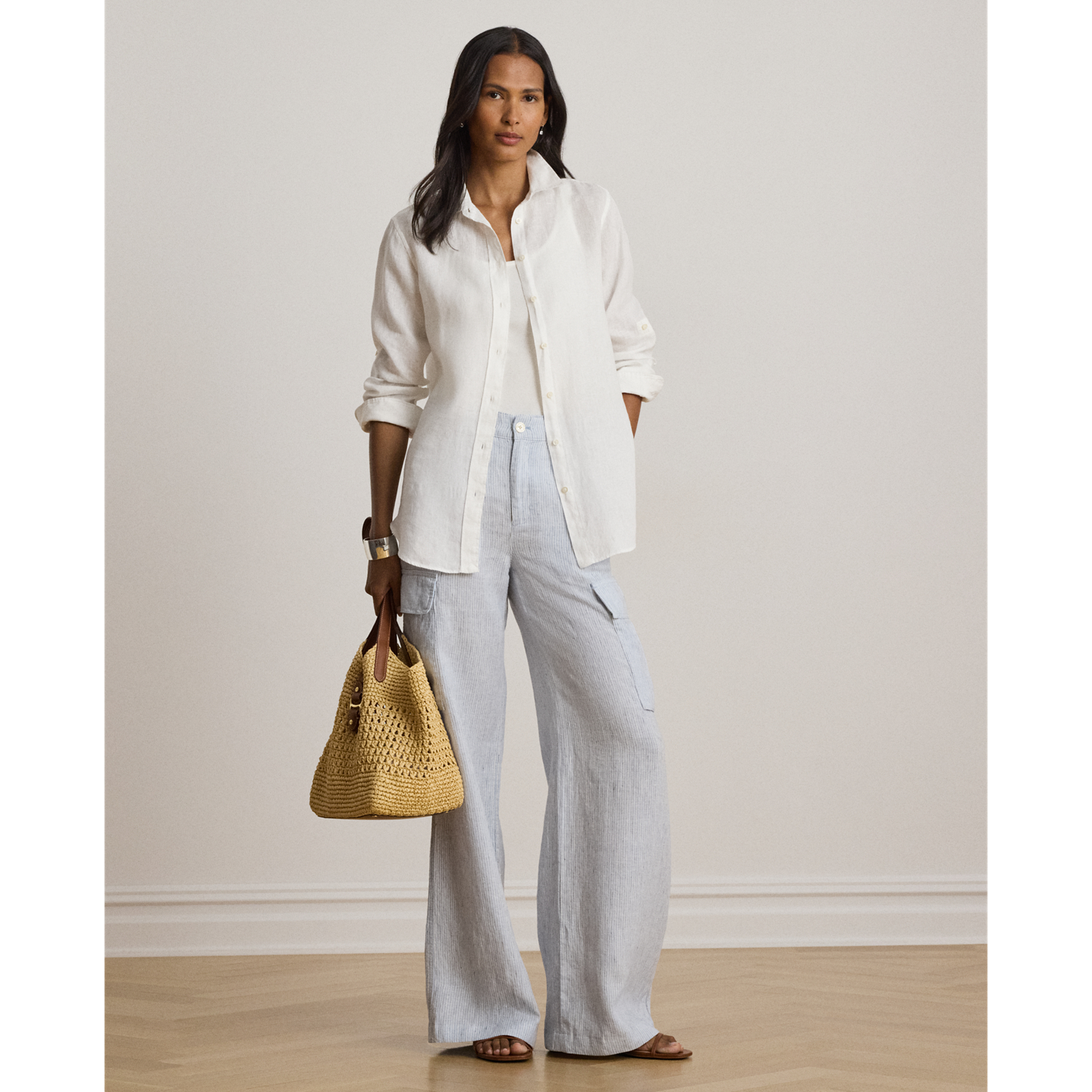 Женские брюки Ralph Lauren Pinstripe Linen Wide-Leg Cargo, цвет: Синий разноцветный — фото 5