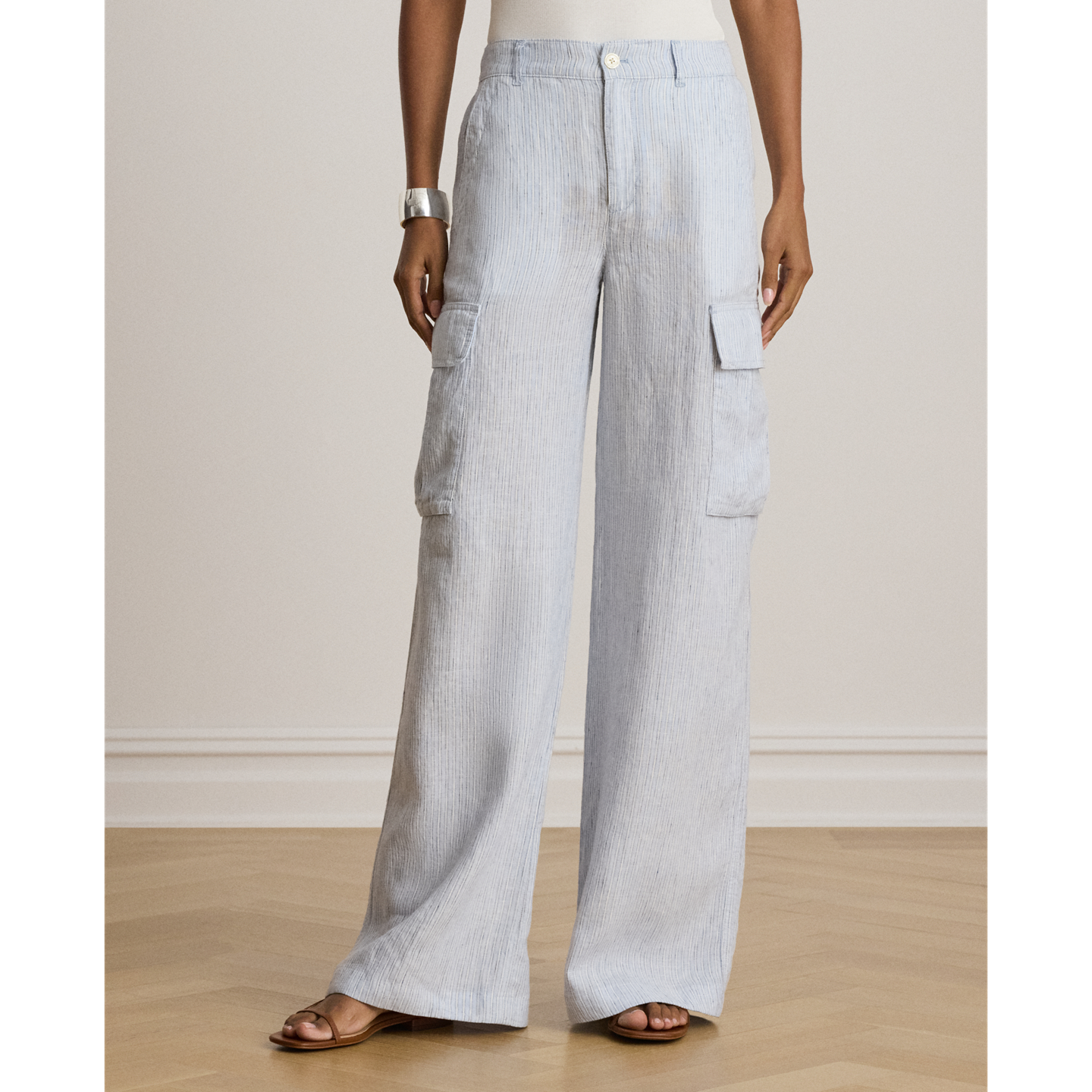 Женские брюки Ralph Lauren Pinstripe Linen Wide-Leg Cargo, цвет: Синий разноцветный — фото 1
