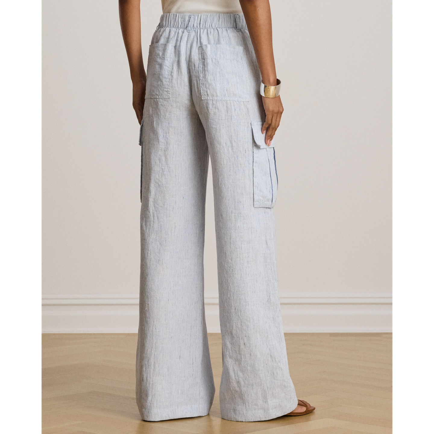 Женские брюки Ralph Lauren Pinstripe Linen Wide-Leg Cargo, цвет: Синий разноцветный — фото 2