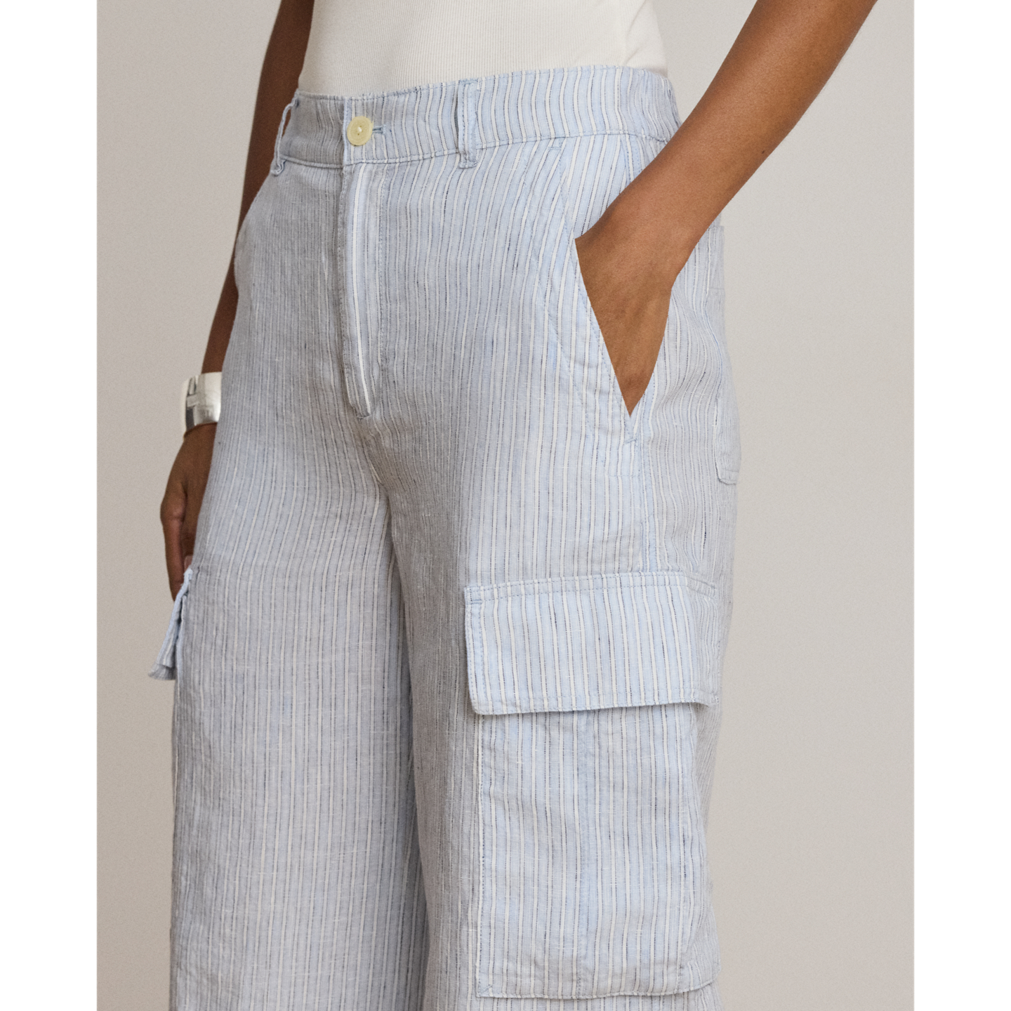 Женские брюки Ralph Lauren Pinstripe Linen Wide-Leg Cargo, цвет: Синий разноцветный — фото 3
